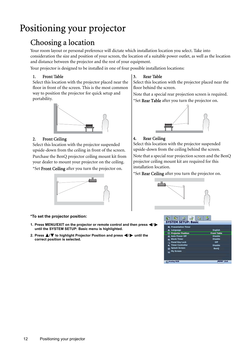 Positioning your projector, Choosing a location | BenQ SP870 User Manual | Page 12 / 53