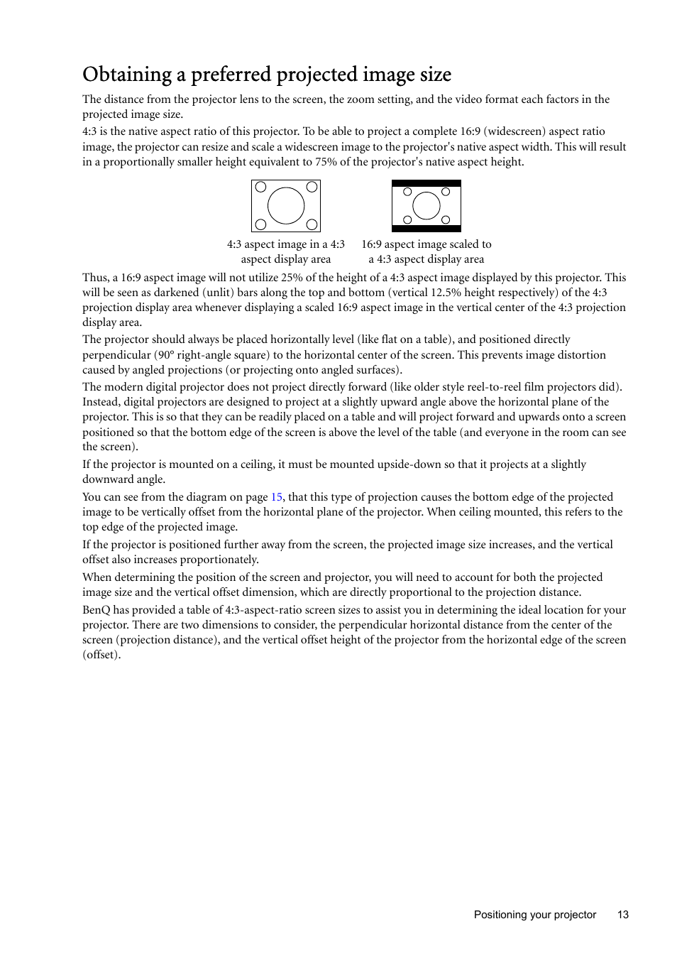Obtaining a preferred projected image size | BenQ SP870 User Manual | Page 13 / 53