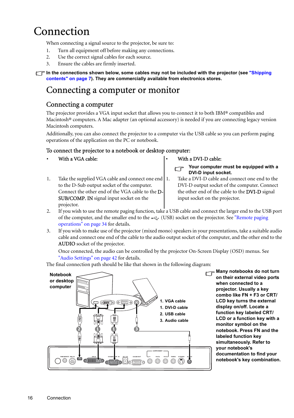 Connection, Connecting a computer or monitor, Connecting a computer | BenQ SP870 User Manual | Page 16 / 53