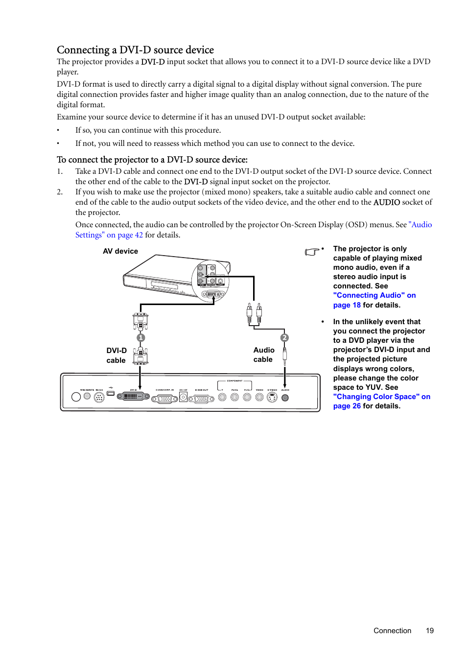 For ho, Connecting a dvi-d source device | BenQ SP870 User Manual | Page 19 / 53