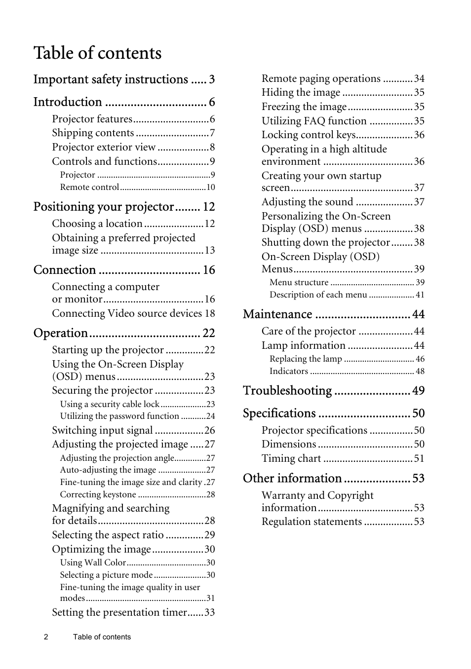 BenQ SP870 User Manual | Page 2 / 53