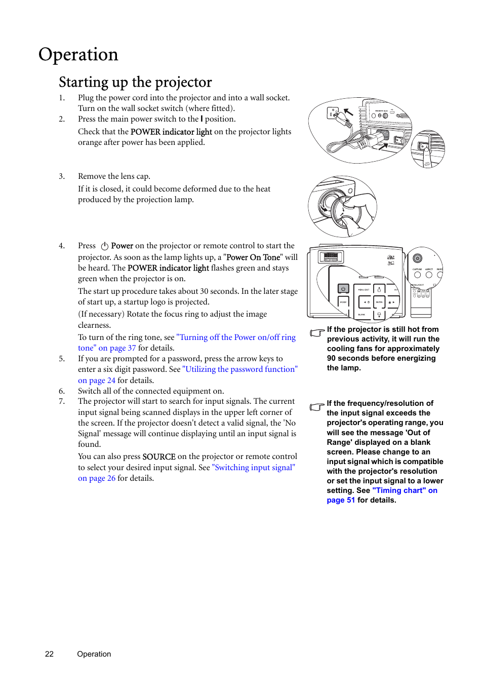 Operation, Starting up the projector, On. see | BenQ SP870 User Manual | Page 22 / 53