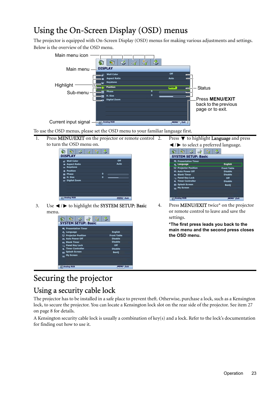 Using the on-screen display (osd) menus, Securing the projector, Using a security cable lock | Using the on-screen, Using the on-screen display (osd), Using the on-screen display, Using the, 23 operation | BenQ SP870 User Manual | Page 23 / 53