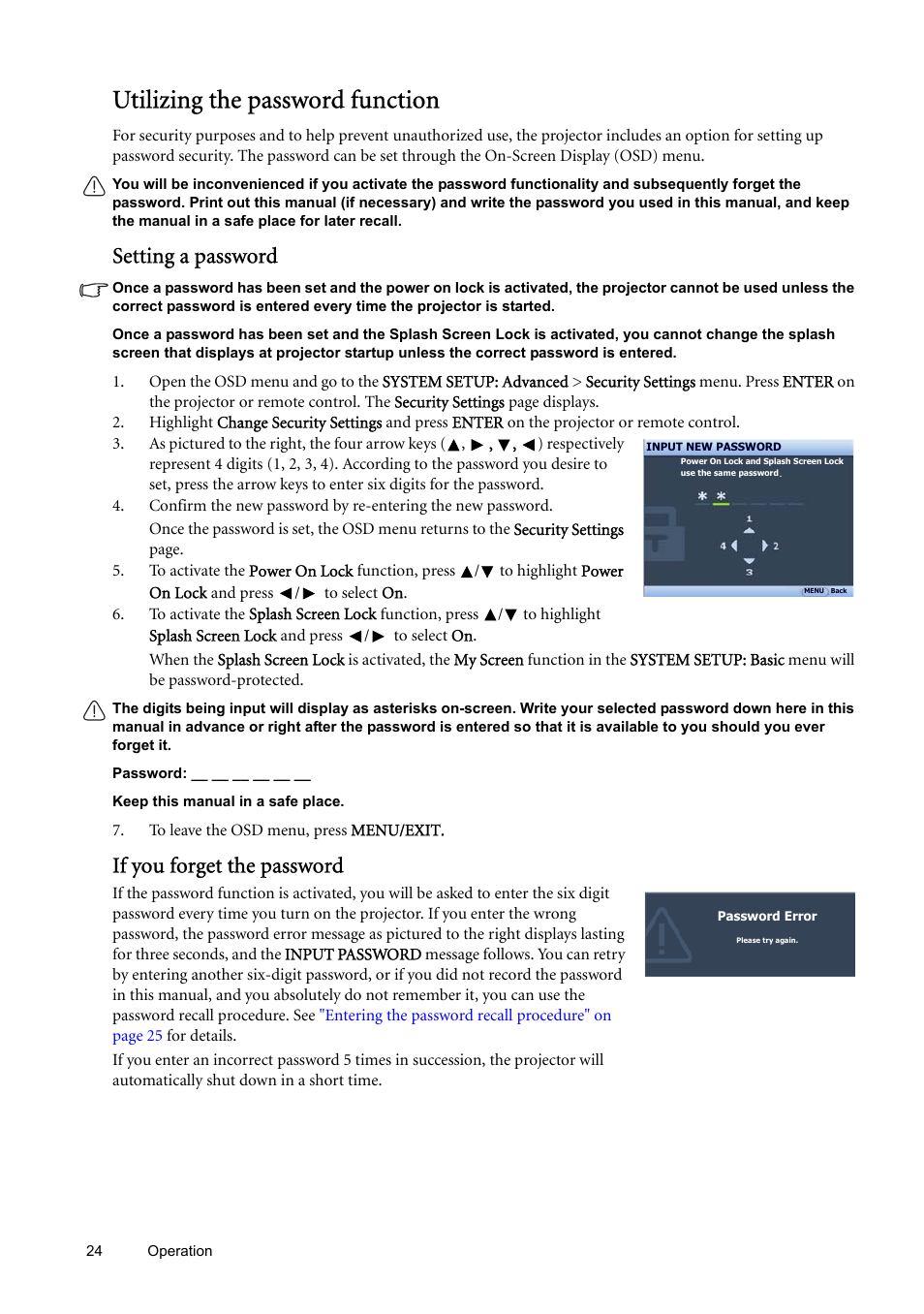 Utilizing the password function, Setting a password, If you forget the password | BenQ SP870 User Manual | Page 24 / 53