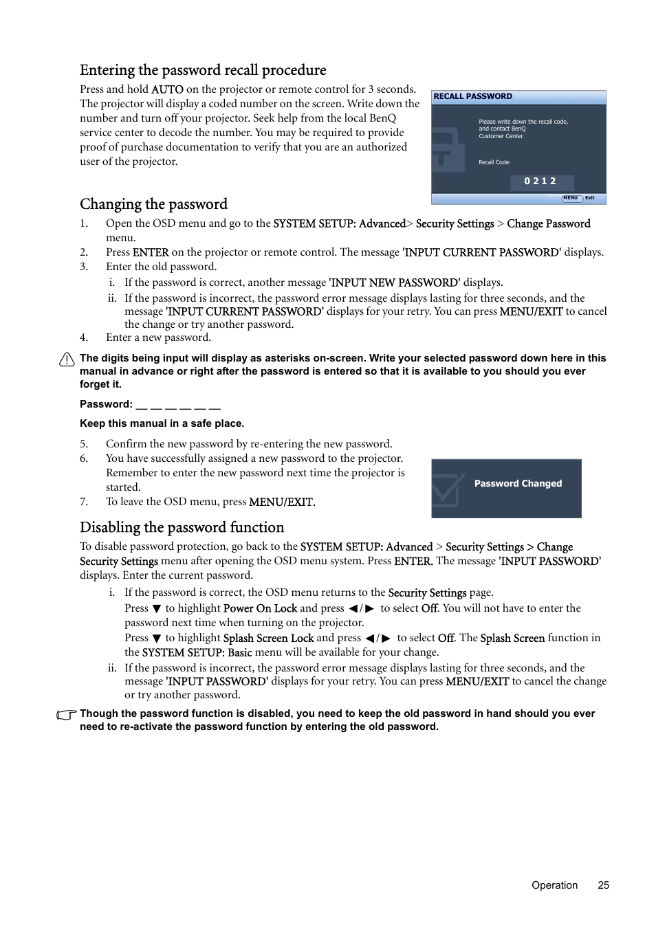 Entering the password recall procedure, Changing the password, Disabling the password function | BenQ SP870 User Manual | Page 25 / 53