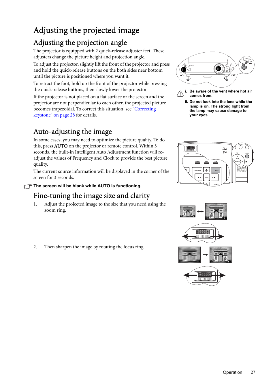 Adjusting the projected image, Adjusting the projection angle, Auto-adjusting the image | Fine-tuning the image size and clarity, Fine, Auto-adjusting the | BenQ SP870 User Manual | Page 27 / 53