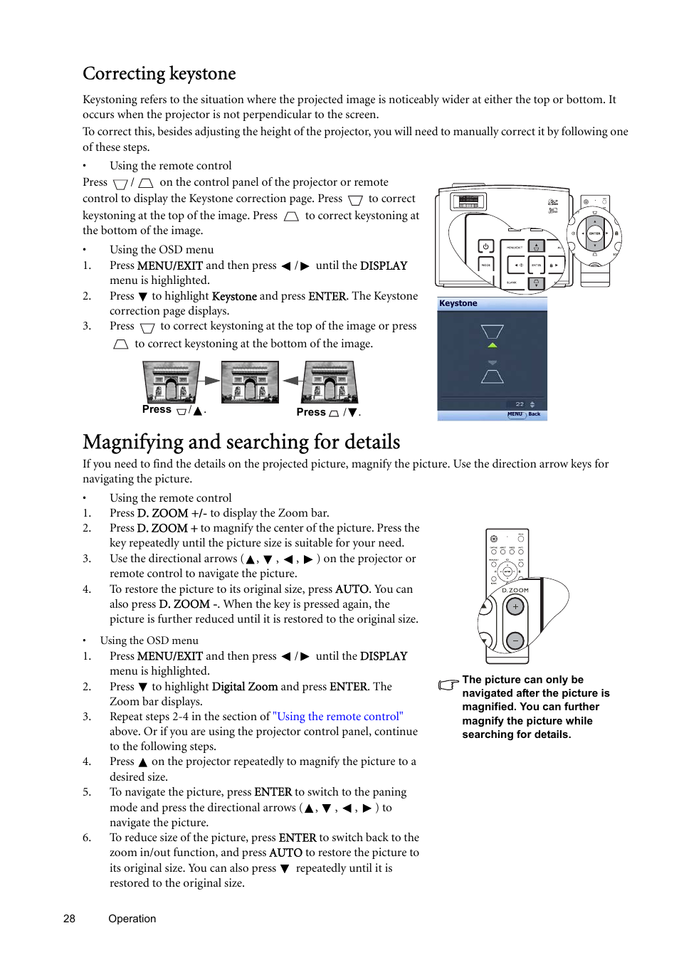 Correcting keystone, Magnifying and searching for details, Correcting keystone" on | For deta | BenQ SP870 User Manual | Page 28 / 53