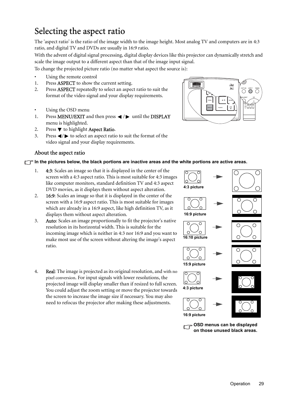 Selecting the aspect ratio, Selecting the, For det | BenQ SP870 User Manual | Page 29 / 53