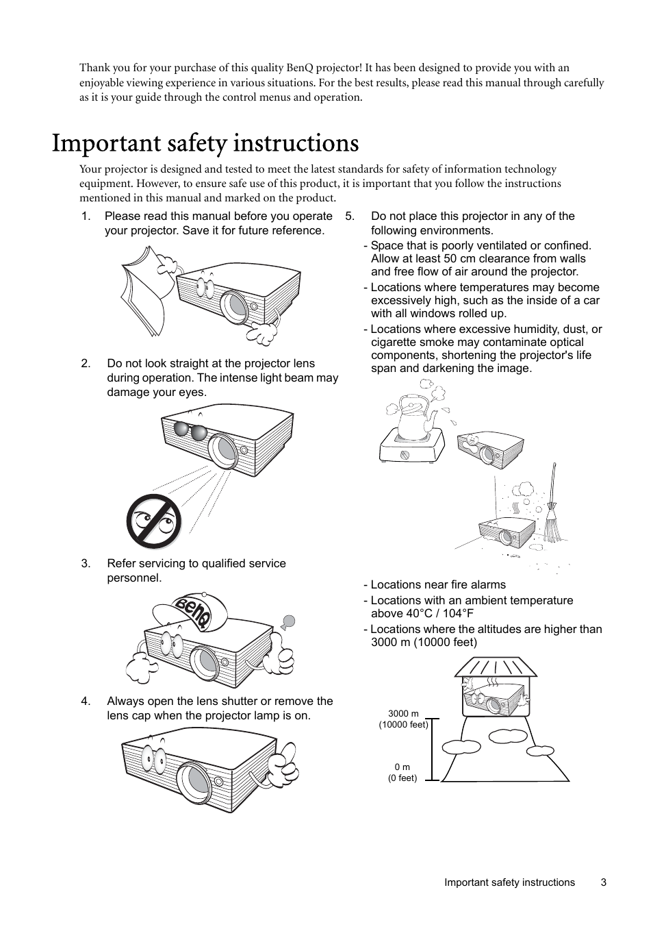 Important safety instructions | BenQ SP870 User Manual | Page 3 / 53