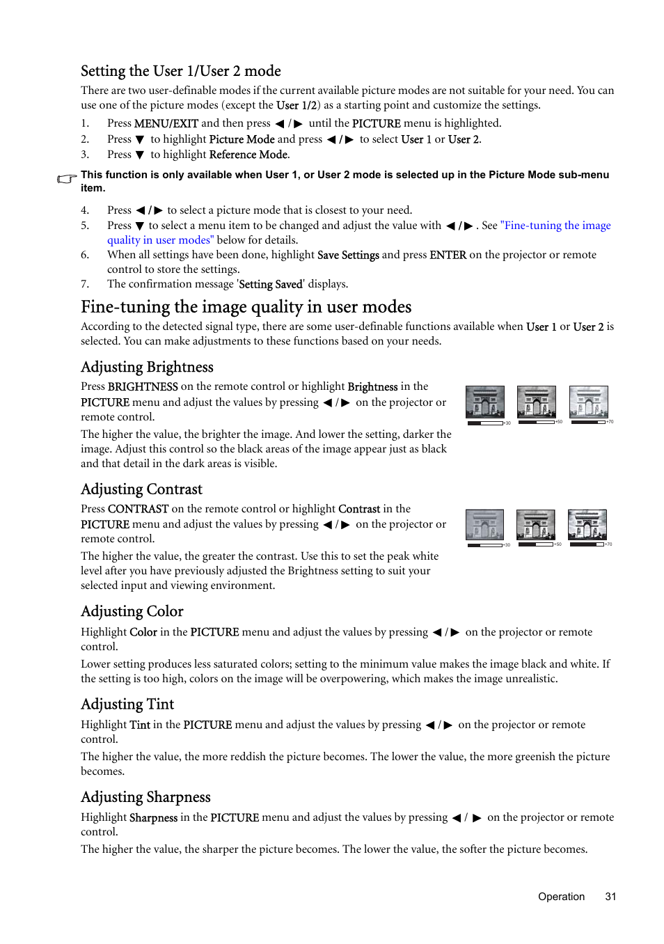 Fine-tuning the image quality in user modes, Setting the user 1/user 2 mode, Adjusting brightness | Adjusting contrast, Adjusting color, Adjusting tint, Adjusting sharpness | BenQ SP870 User Manual | Page 31 / 53