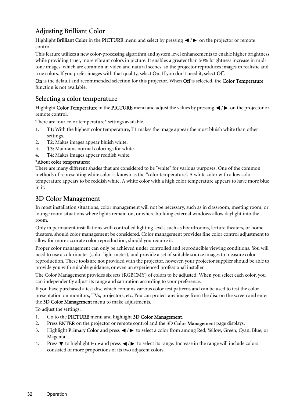 Adjusting brilliant color, Selecting a color temperature, 3d color management | BenQ SP870 User Manual | Page 32 / 53