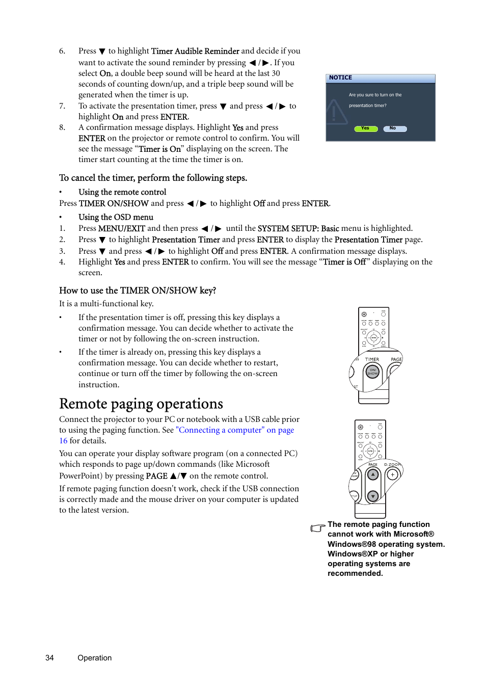 Remote paging operations, Remote paging | BenQ SP870 User Manual | Page 34 / 53