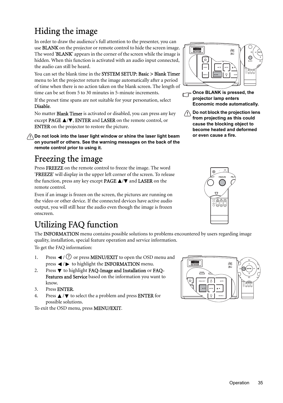 Hiding the image, Freezing the image, Utilizing faq function | Hiding the, Q function. see, Utilizing faq, Freezing the | BenQ SP870 User Manual | Page 35 / 53