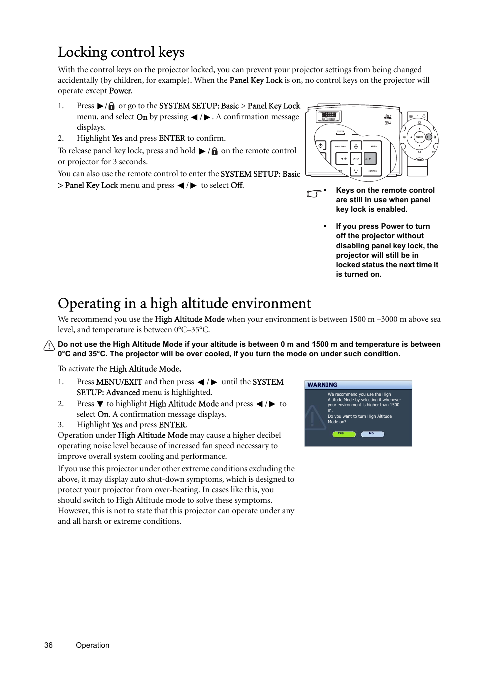 Locking control keys, Operating in a high altitude environment, Locking | BenQ SP870 User Manual | Page 36 / 53