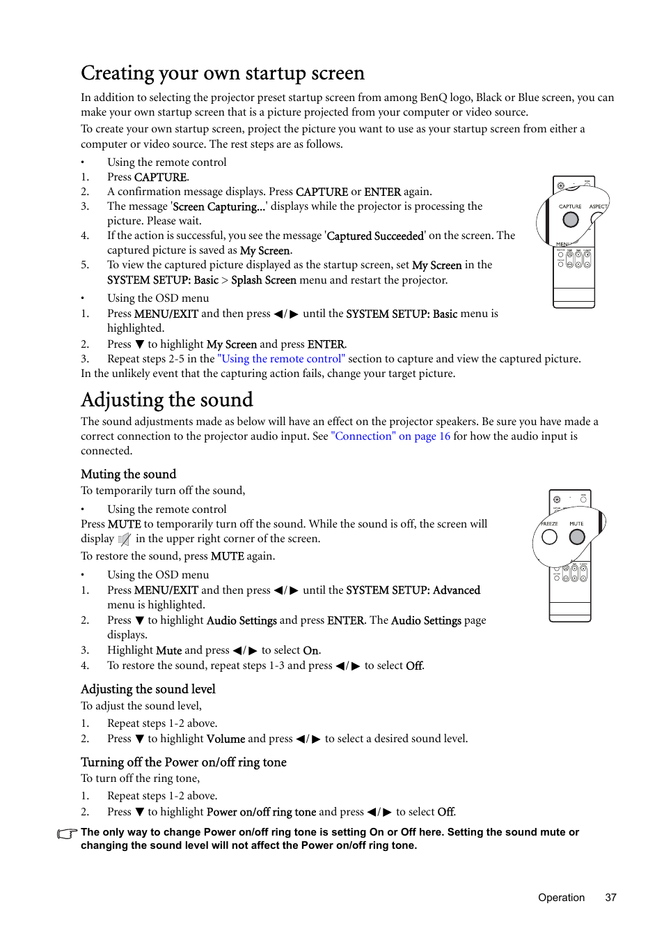 Creating your own startup screen, Adjusting the sound, Creating your own startup | Turning off the power on/off ring | BenQ SP870 User Manual | Page 37 / 53