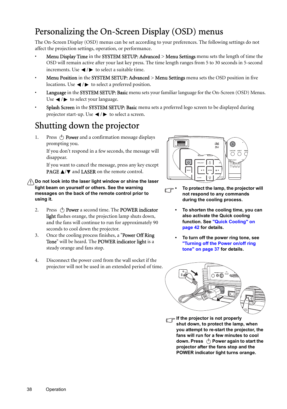 Personalizing the on-screen display (osd) menus, Shutting down the projector | BenQ SP870 User Manual | Page 38 / 53