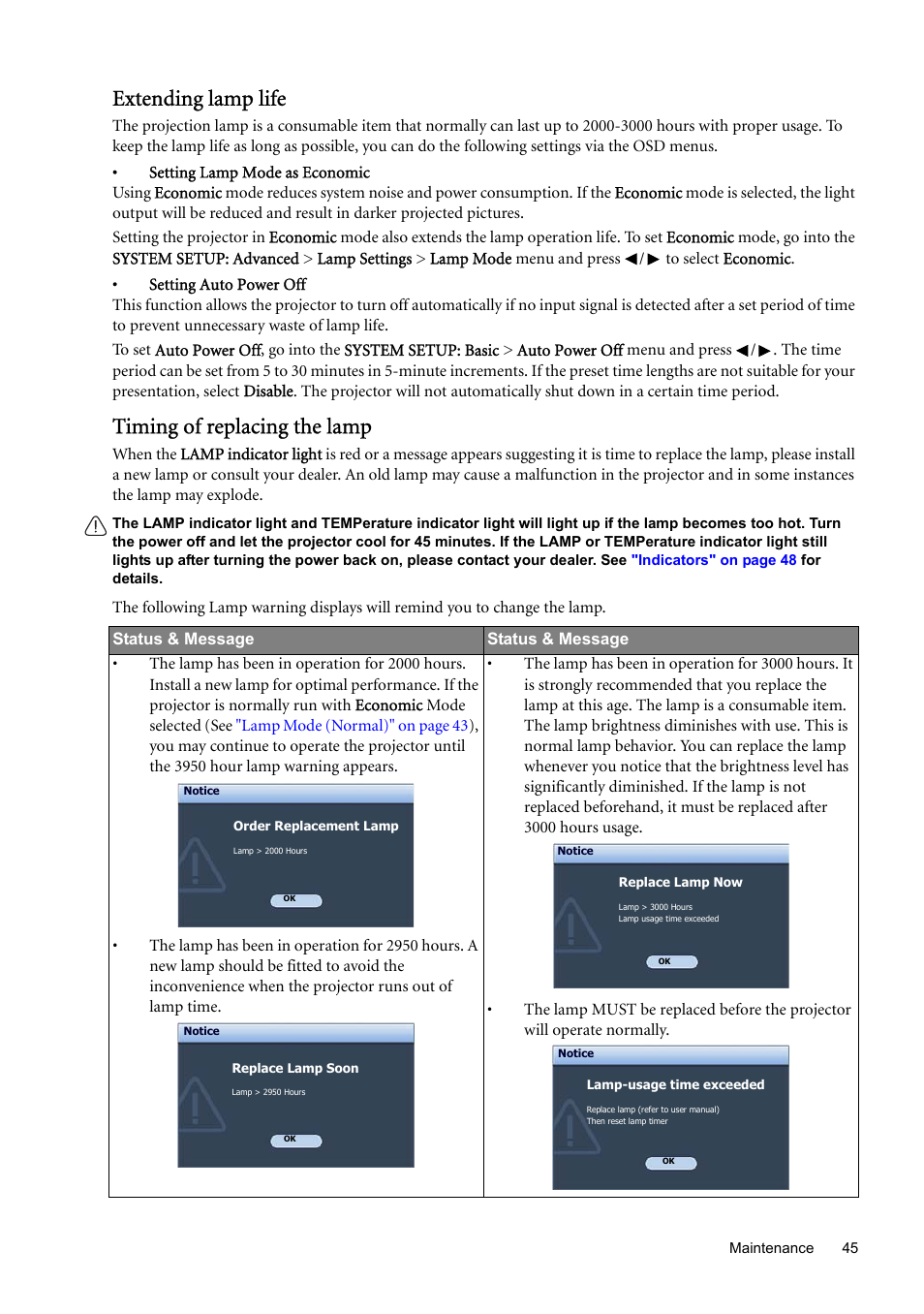 Setting lamp mode as economic, Extending lamp life, Timing of replacing the lamp | BenQ SP870 User Manual | Page 45 / 53
