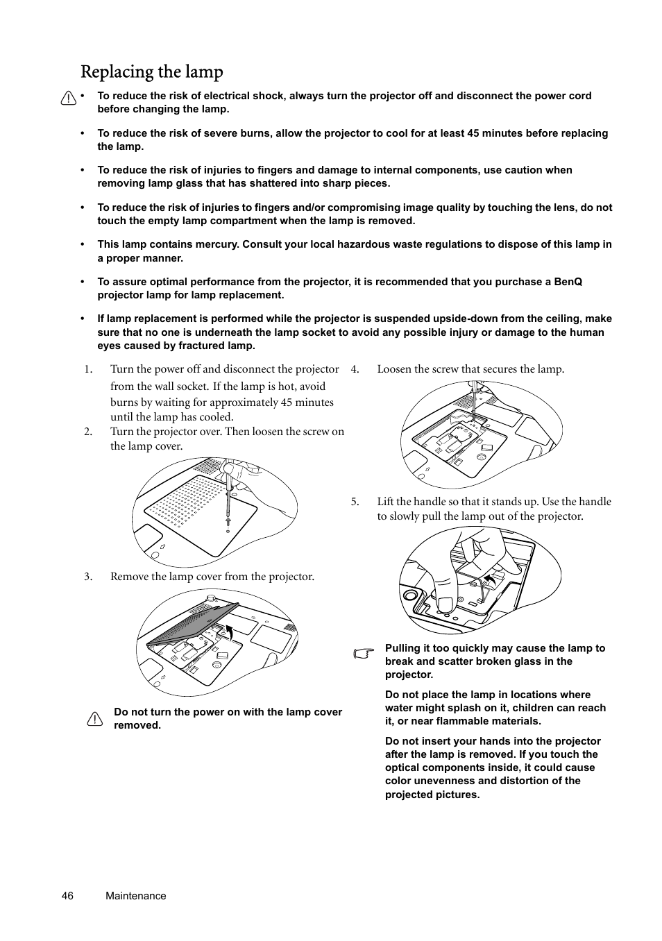 Replacing the lamp | BenQ SP870 User Manual | Page 46 / 53