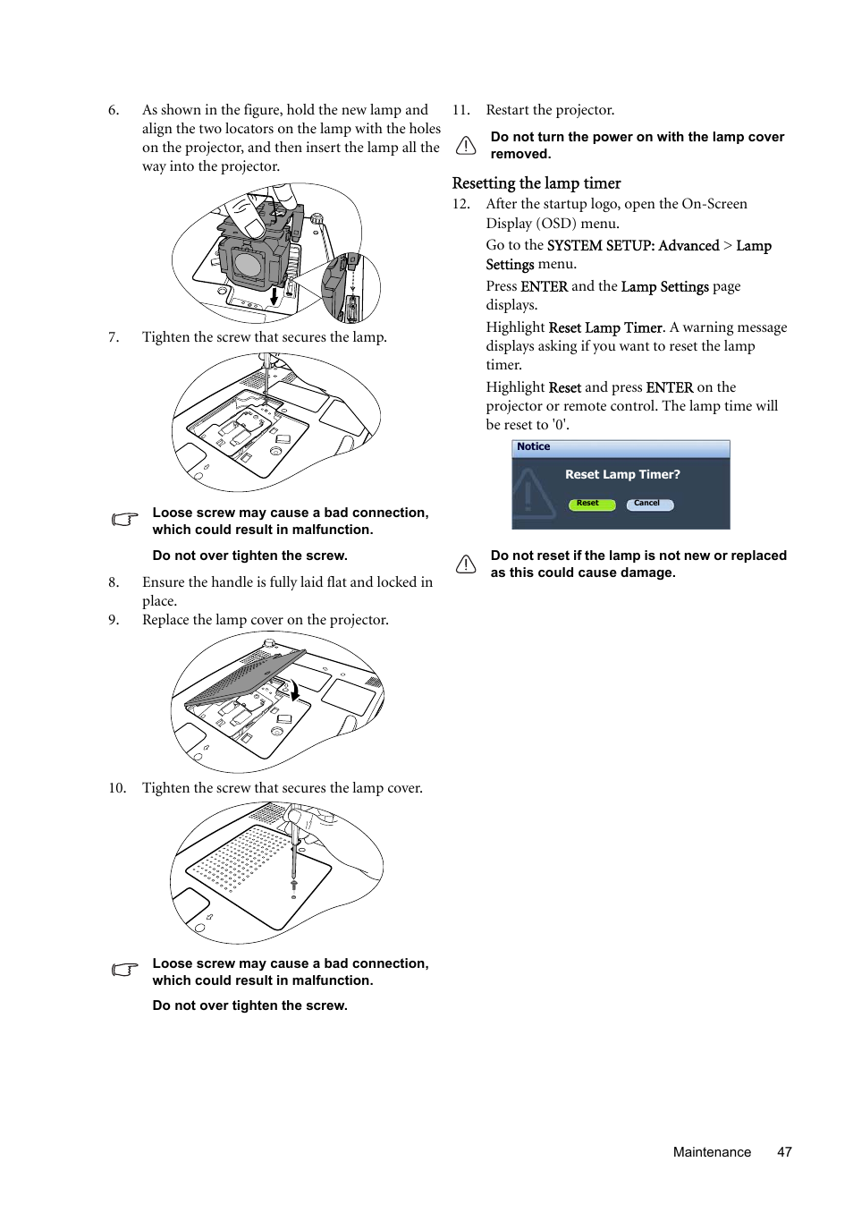 Resetting the lamp timer | BenQ SP870 User Manual | Page 47 / 53