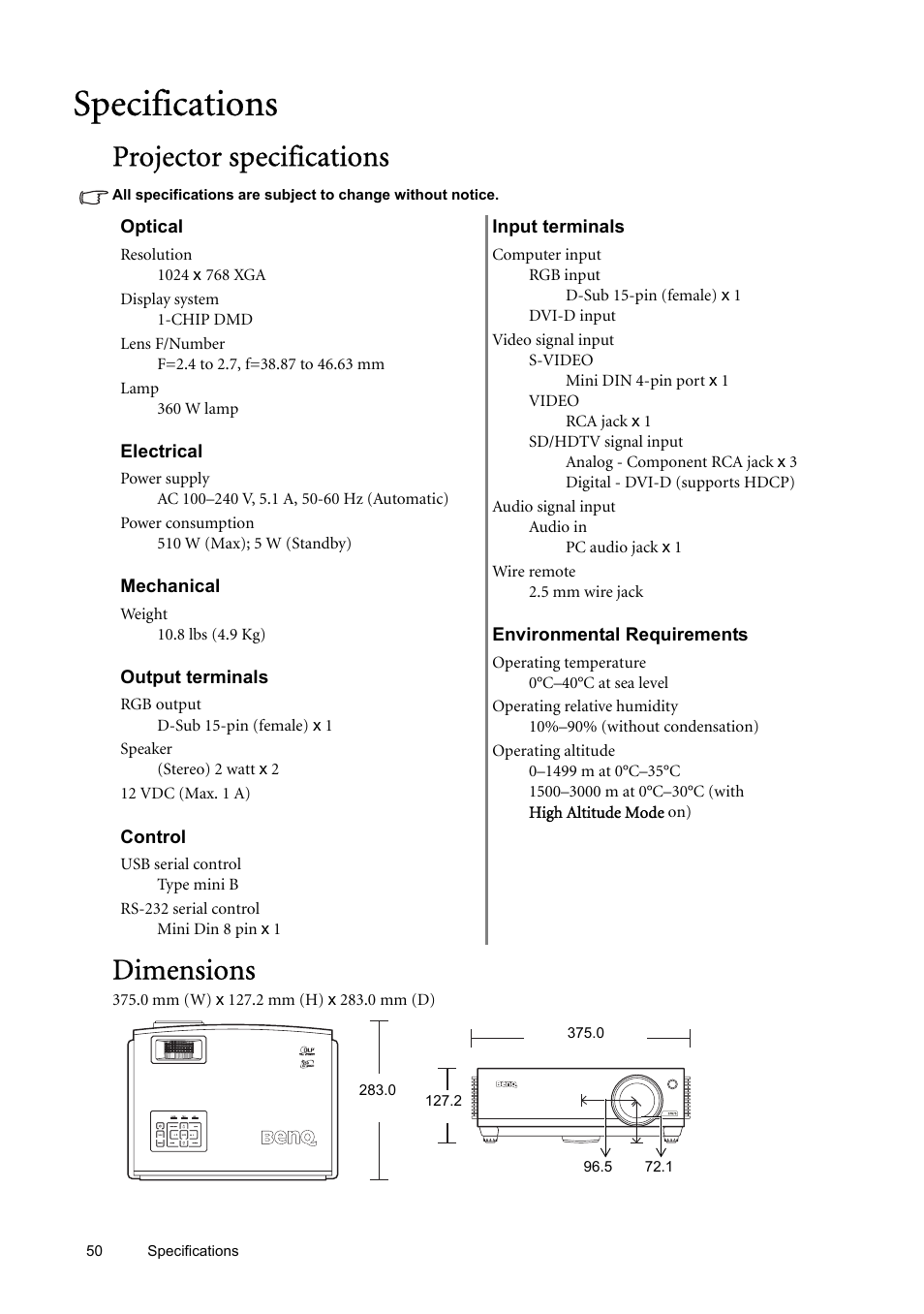 Specifications, Projector specifications, Dimensions | Projector specifications dimensions | BenQ SP870 User Manual | Page 50 / 53