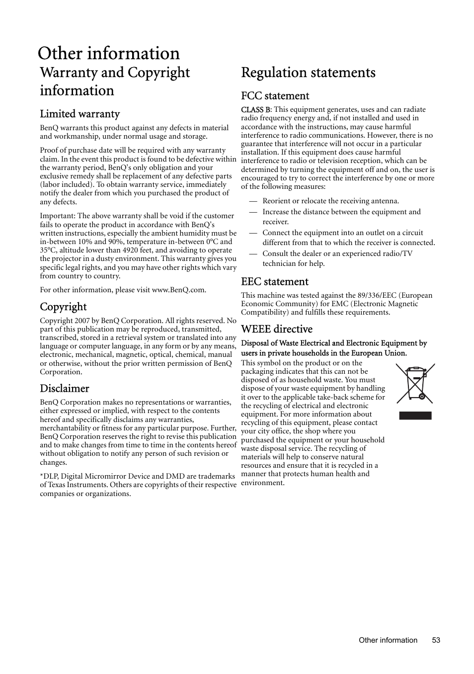 Other information, Warranty and copyright information, Regulation statements | Limited warranty, Copyright, Disclaimer, Fcc statement, Eec statement, Weee directive | BenQ SP870 User Manual | Page 53 / 53