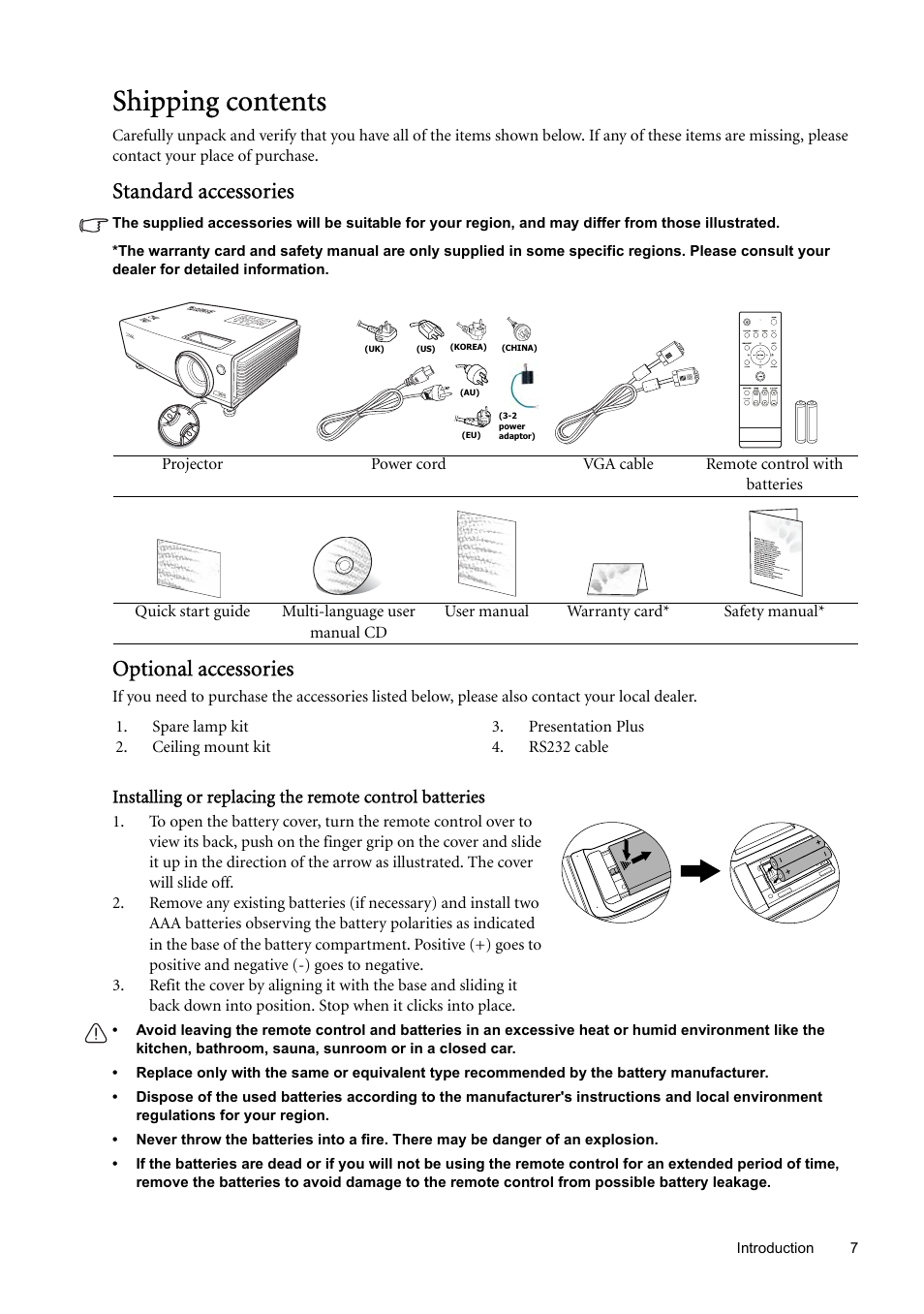 Shipping contents, Standard accessories, Optional accessories | BenQ SP870 User Manual | Page 7 / 53