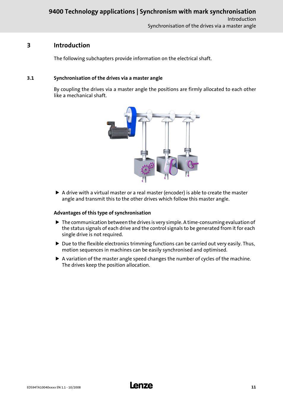 3 introduction, 1 synchronisation of the drives via a master angle, Introduction | 3introduction | Lenze E94AxHE Technology Application Synchronism User Manual | Page 11 / 80