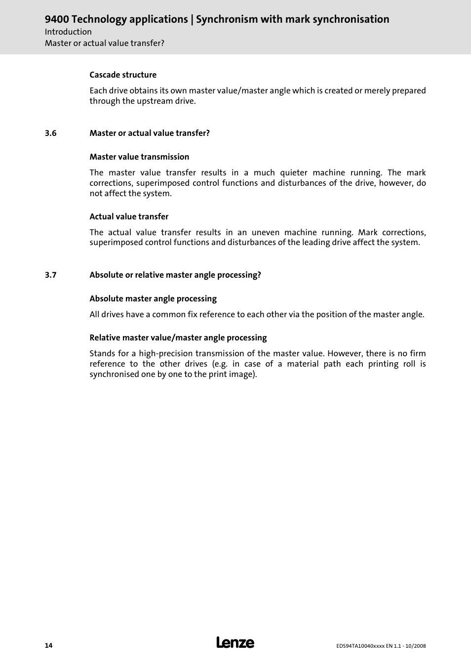 6 master or actual value transfer, 7 absolute or relative master angle processing | Lenze E94AxHE Technology Application Synchronism User Manual | Page 14 / 80