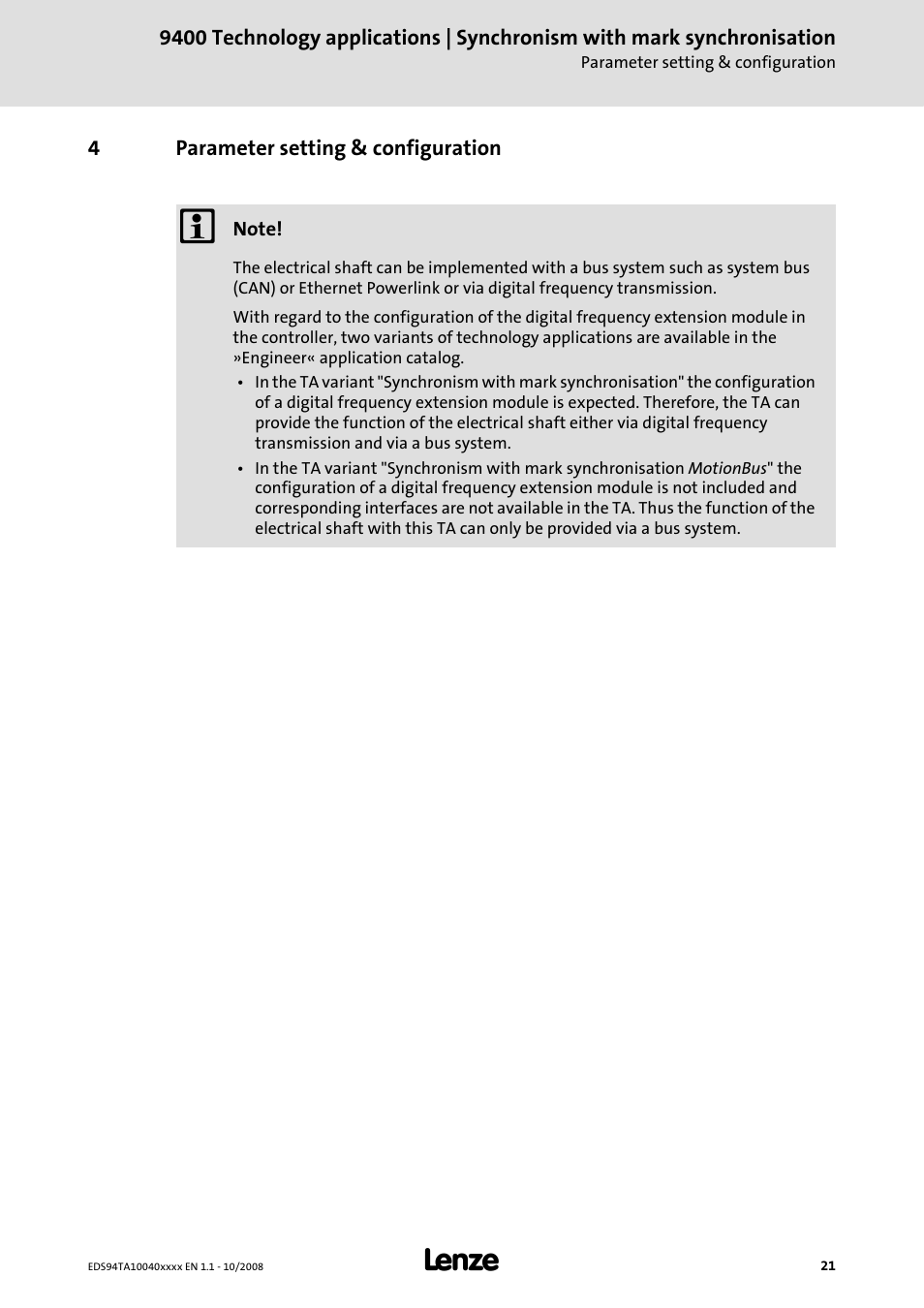 4 parameter setting & configuration, Parameter setting & configuration | Lenze E94AxHE Technology Application Synchronism User Manual | Page 21 / 80