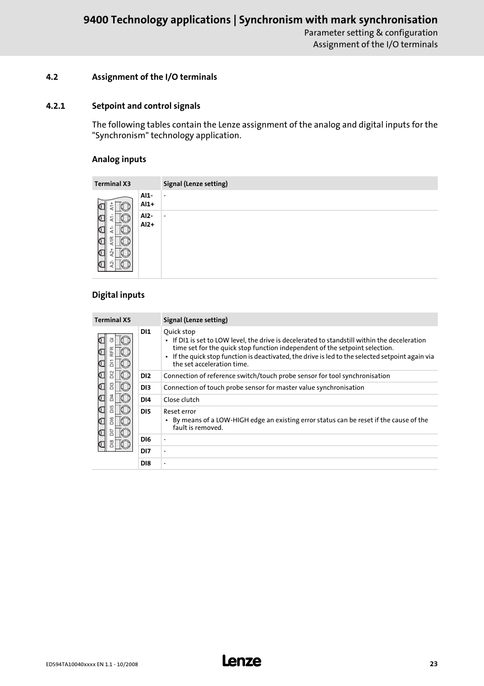 2 assignment of the i/o terminals, 1 setpoint and control signals | Lenze E94AxHE Technology Application Synchronism User Manual | Page 23 / 80