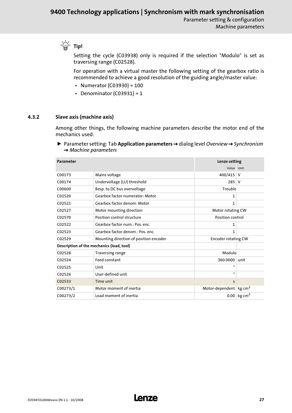 2 slave axis (machine axis) | Lenze E94AxHE Technology Application Synchronism User Manual | Page 27 / 80