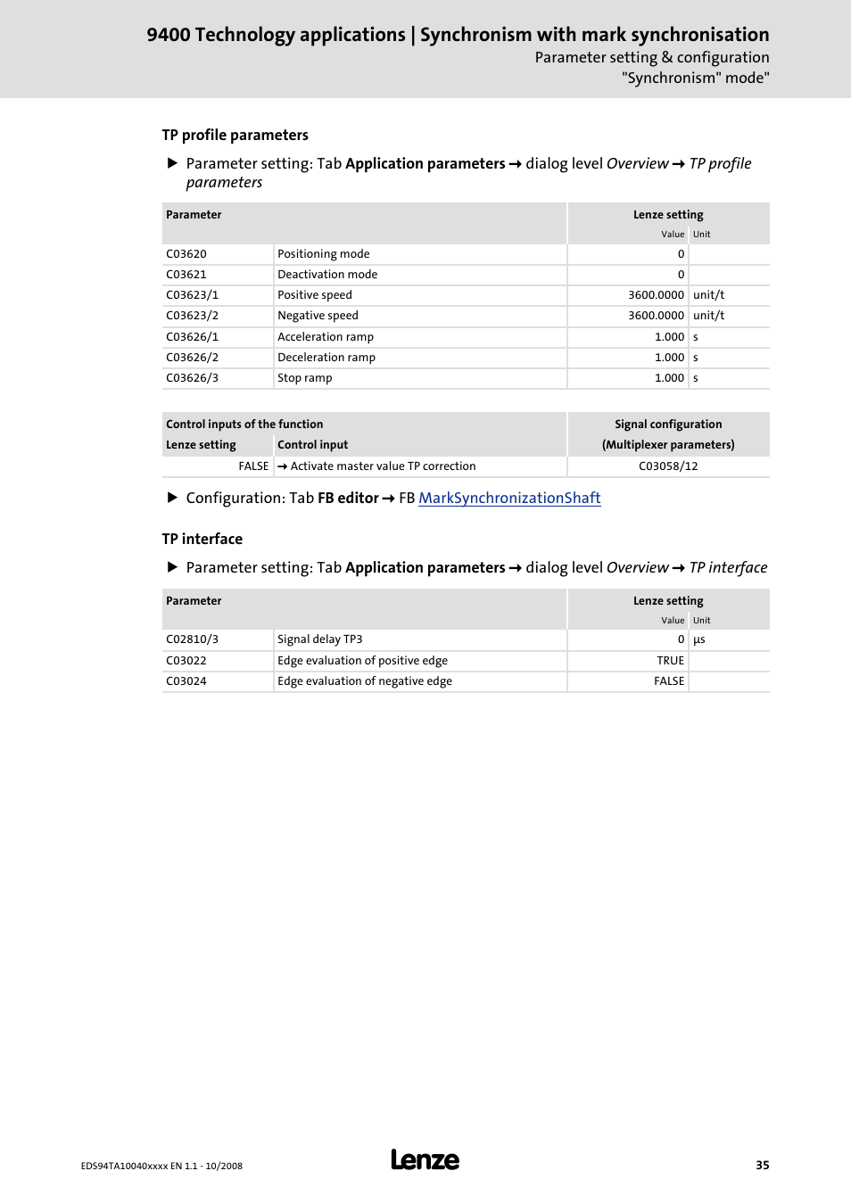 Lenze E94AxHE Technology Application Synchronism User Manual | Page 35 / 80