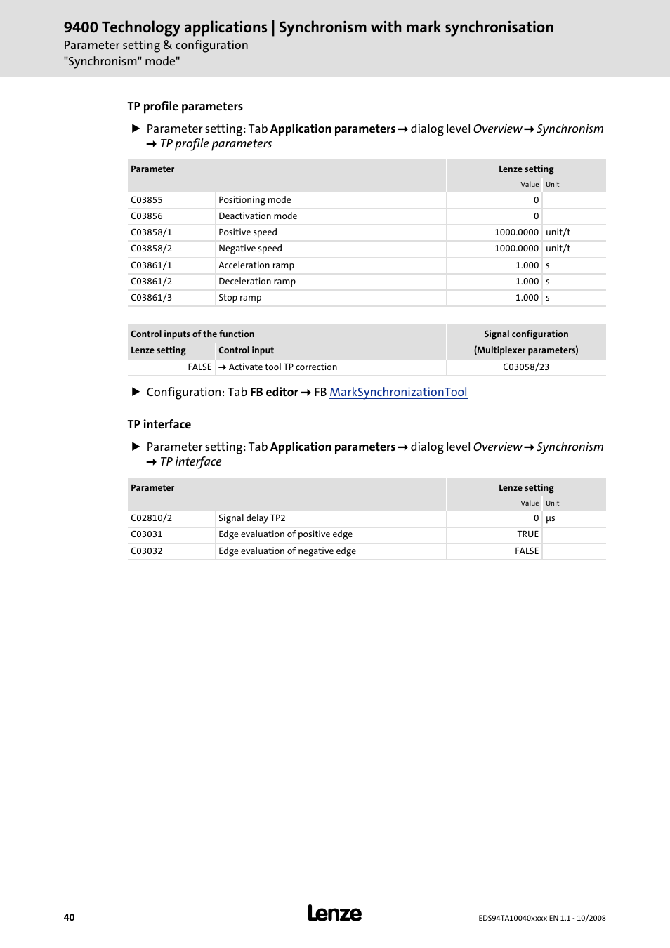 Lenze E94AxHE Technology Application Synchronism User Manual | Page 40 / 80