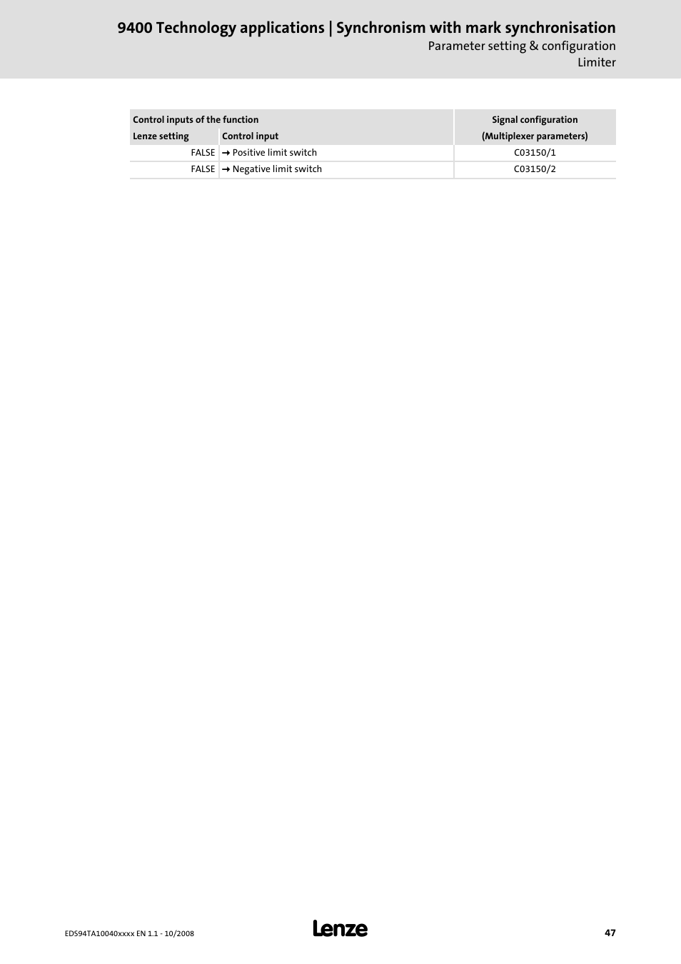 Lenze E94AxHE Technology Application Synchronism User Manual | Page 47 / 80