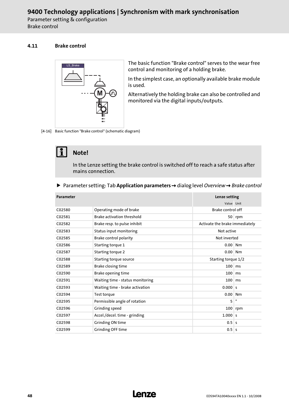 11 brake control | Lenze E94AxHE Technology Application Synchronism User Manual | Page 48 / 80
