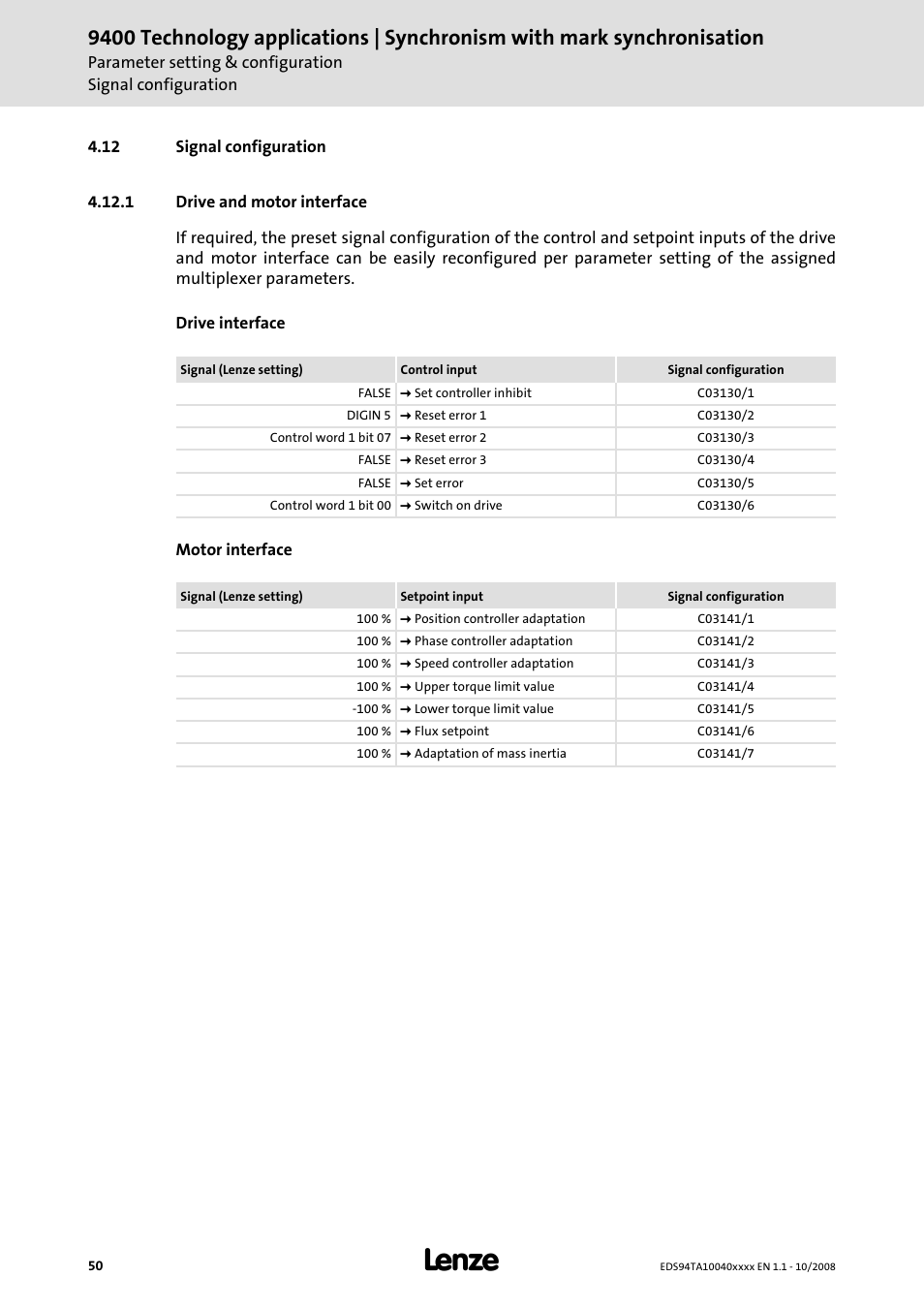 12 signal configuration, 1 drive and motor interface | Lenze E94AxHE Technology Application Synchronism User Manual | Page 50 / 80