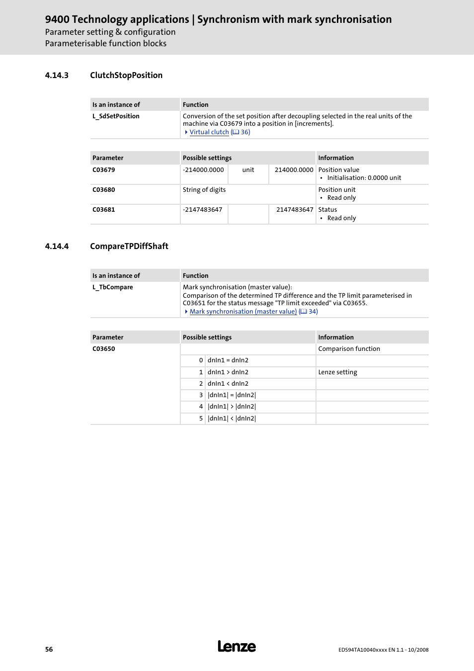 3 clutchstopposition, 4 comparetpdiffshaft | Lenze E94AxHE Technology Application Synchronism User Manual | Page 56 / 80