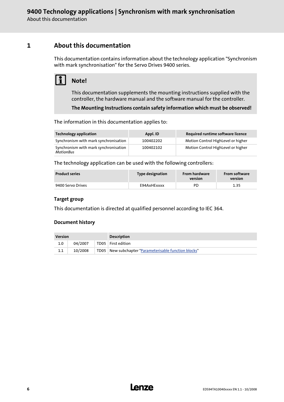 1 about this documentation, About this documentation, 1about this documentation | Lenze E94AxHE Technology Application Synchronism User Manual | Page 6 / 80