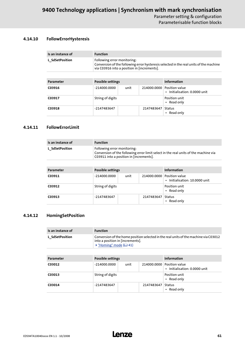 10 followerrorhysteresis, 11 followerrorlimit, 12 homingsetposition | Lenze E94AxHE Technology Application Synchronism User Manual | Page 61 / 80