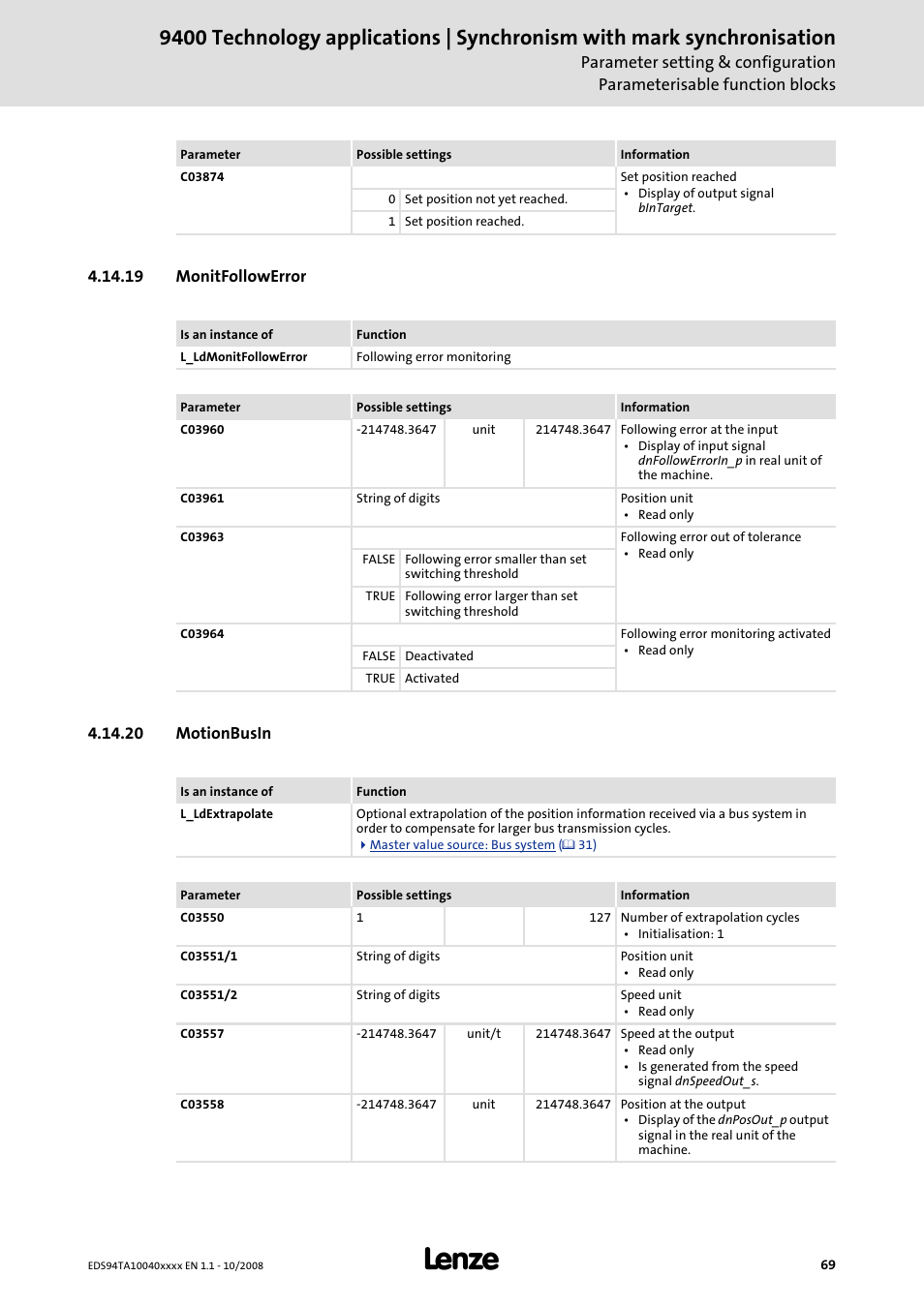 19 monitfollowerror, 20 motionbusin | Lenze E94AxHE Technology Application Synchronism User Manual | Page 69 / 80