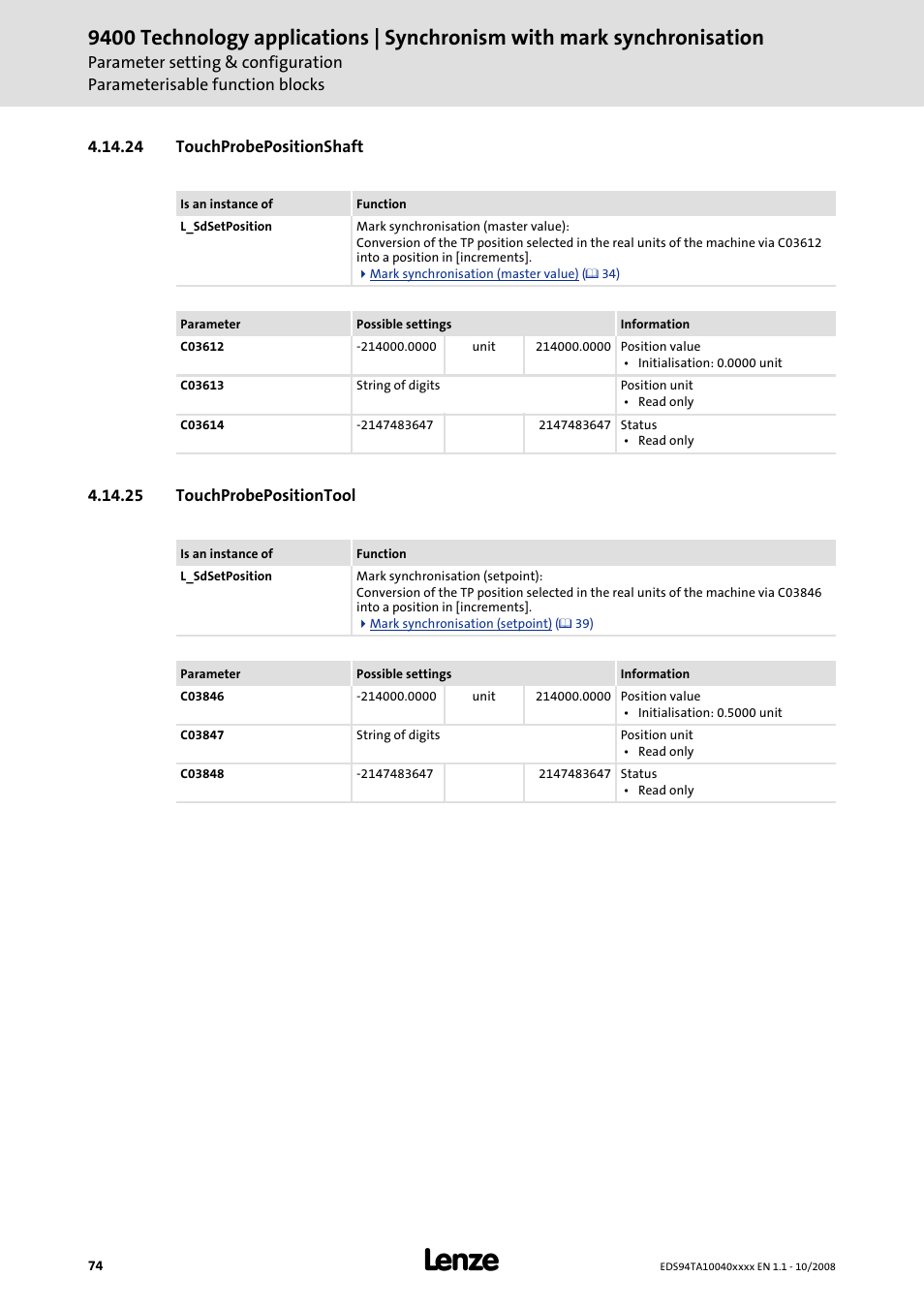 24 touchprobepositionshaft, 25 touchprobepositiontool | Lenze E94AxHE Technology Application Synchronism User Manual | Page 74 / 80