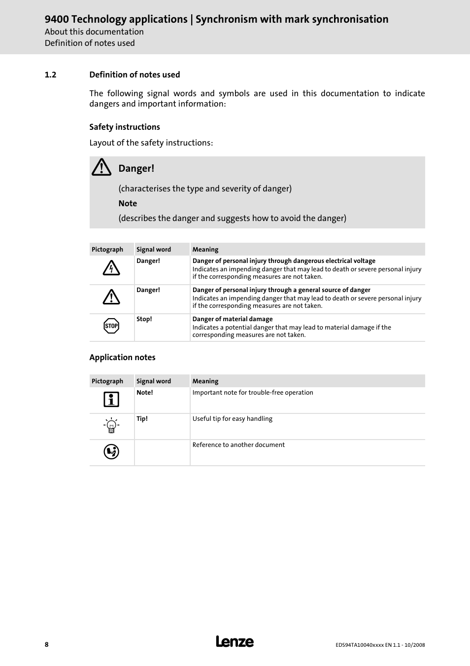 2 definition of notes used | Lenze E94AxHE Technology Application Synchronism User Manual | Page 8 / 80