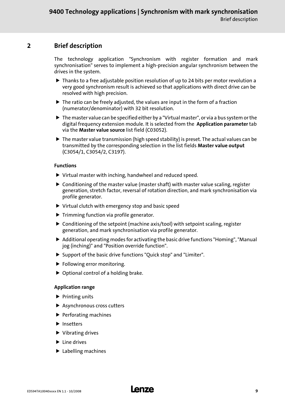 2 brief description, Brief description, 2brief description | Lenze E94AxHE Technology Application Synchronism User Manual | Page 9 / 80