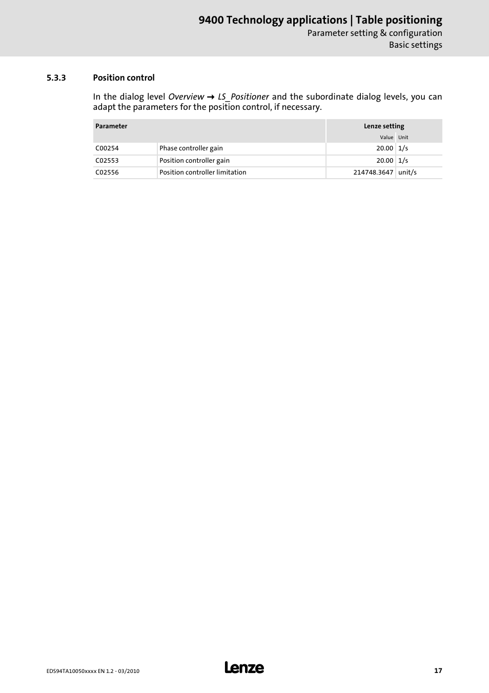 3 position control, 9400 technology applications | table positioning | Lenze E94AxHE Technology Application Table positioning User Manual | Page 17 / 50