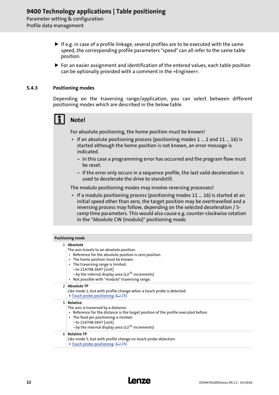 3 positioning modes, 9400 technology applications | table positioning | Lenze E94AxHE Technology Application Table positioning User Manual | Page 22 / 50