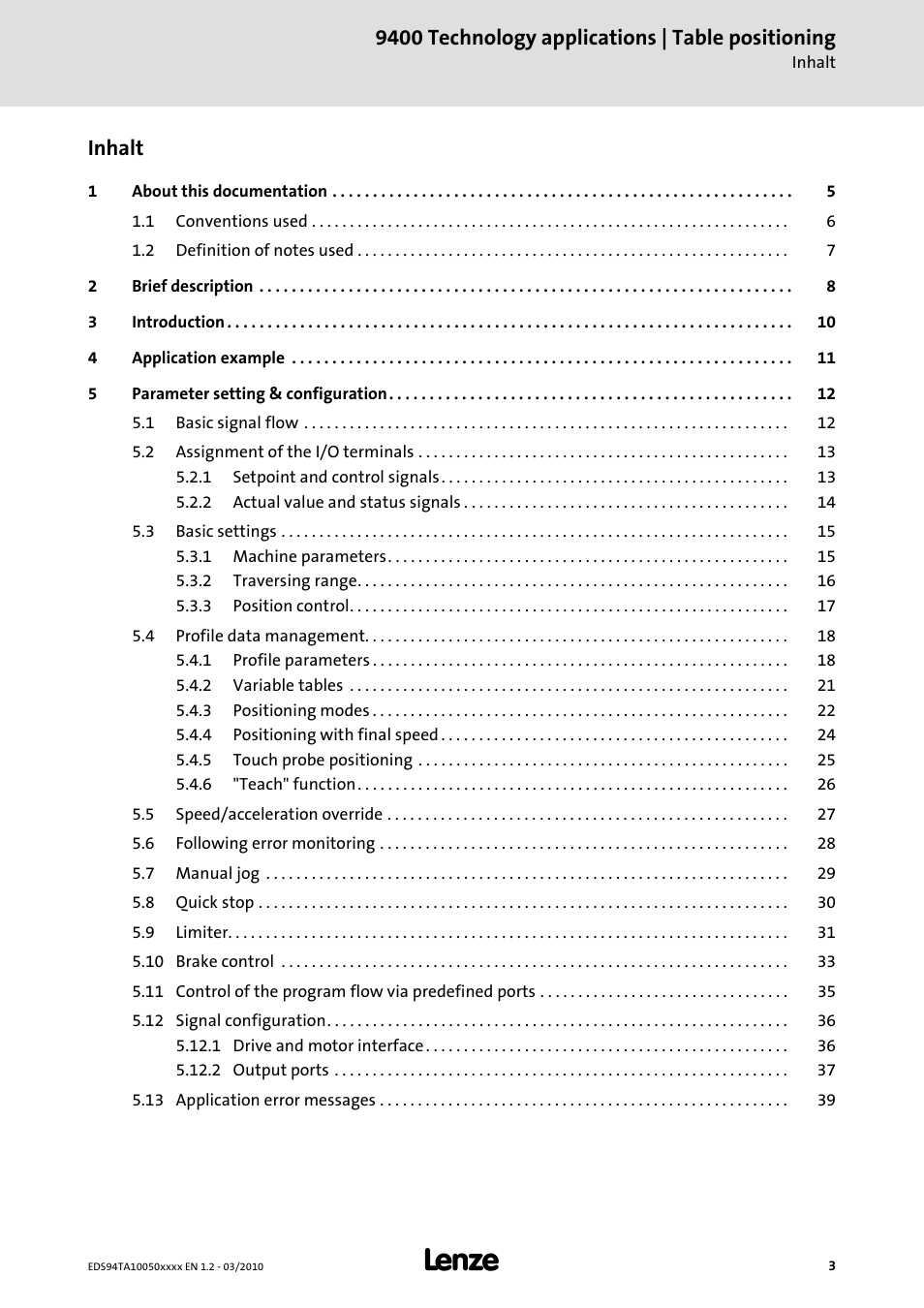 Inhalt, 9400 technology applications | table positioning | Lenze E94AxHE Technology Application Table positioning User Manual | Page 3 / 50