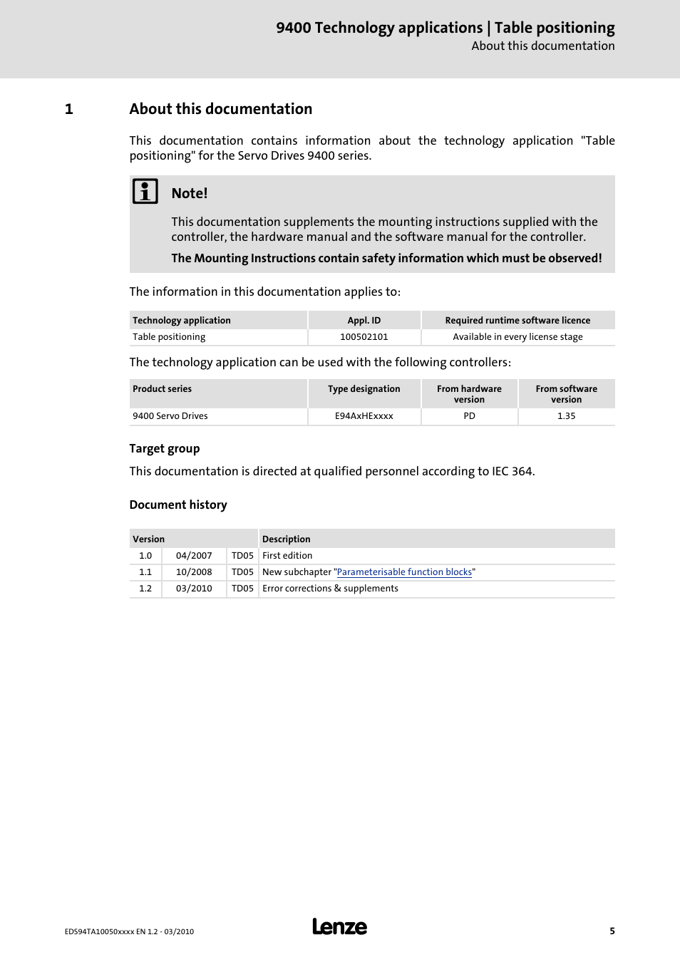 1 about this documentation, About this documentation, 9400 technology applications | table positioning | 1about this documentation | Lenze E94AxHE Technology Application Table positioning User Manual | Page 5 / 50