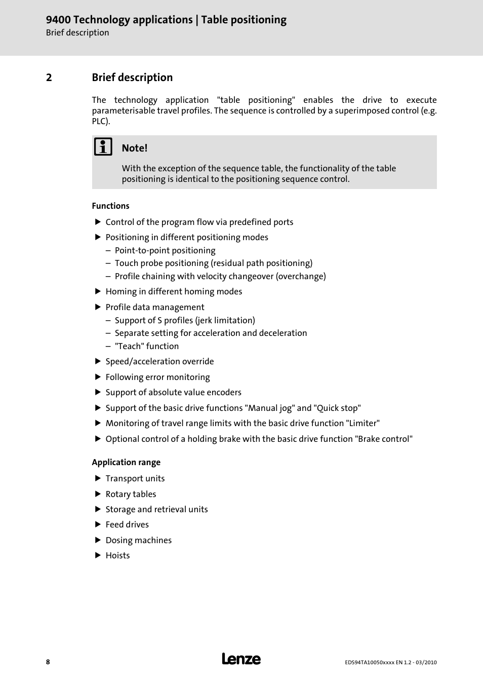 2 brief description, Brief description | Lenze E94AxHE Technology Application Table positioning User Manual | Page 8 / 50