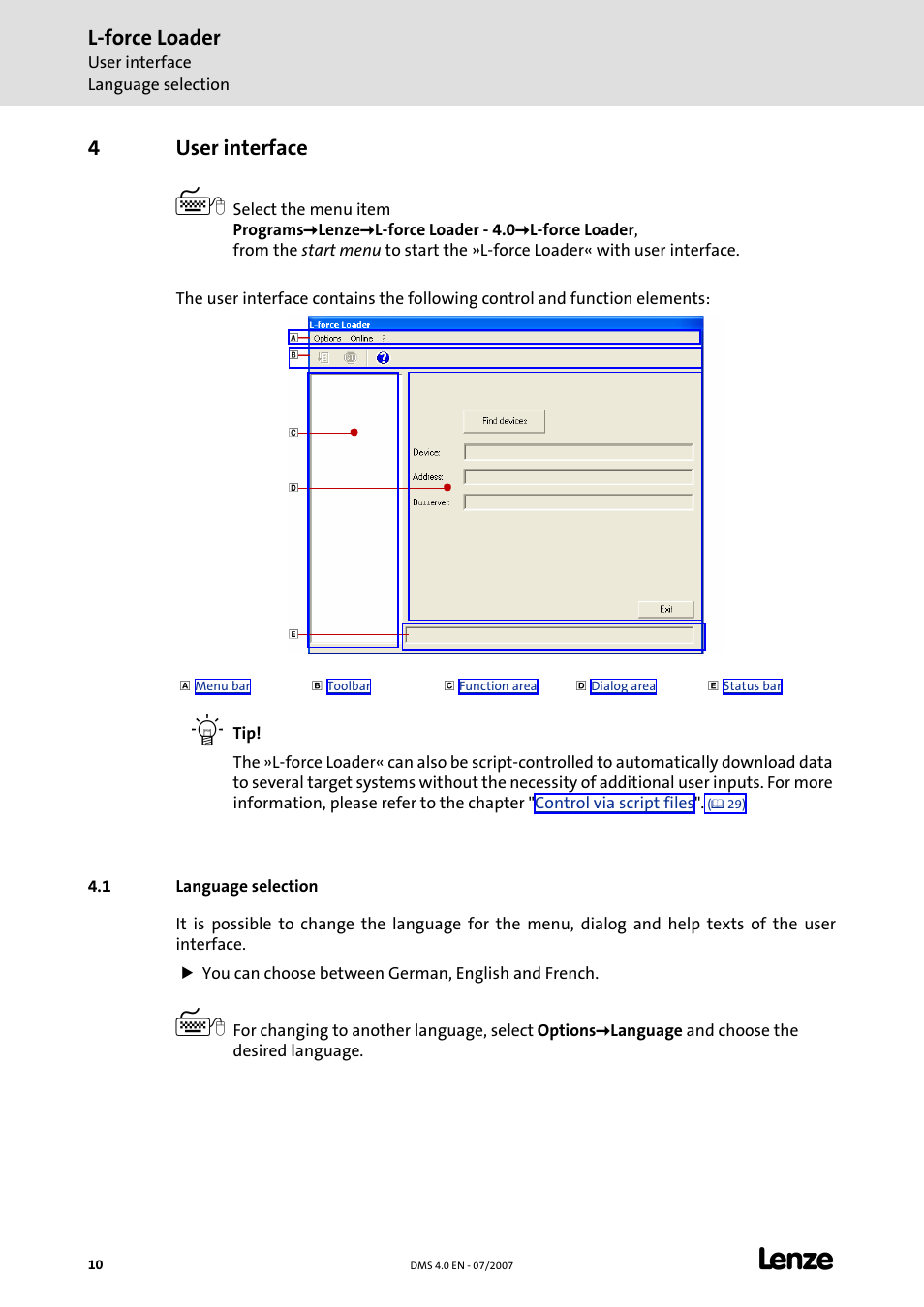 4 user interface, 1 language selection, User interface | L-force loader, 4user interface | Lenze Loader L-force Loader User Manual | Page 10 / 45