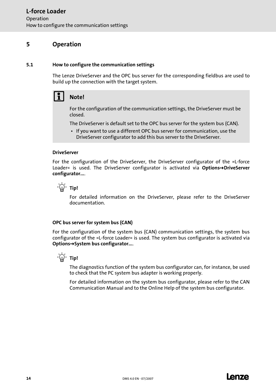 5 operation, 1 how to configure the communication settings, Operation | Lenze Loader L-force Loader User Manual | Page 14 / 45